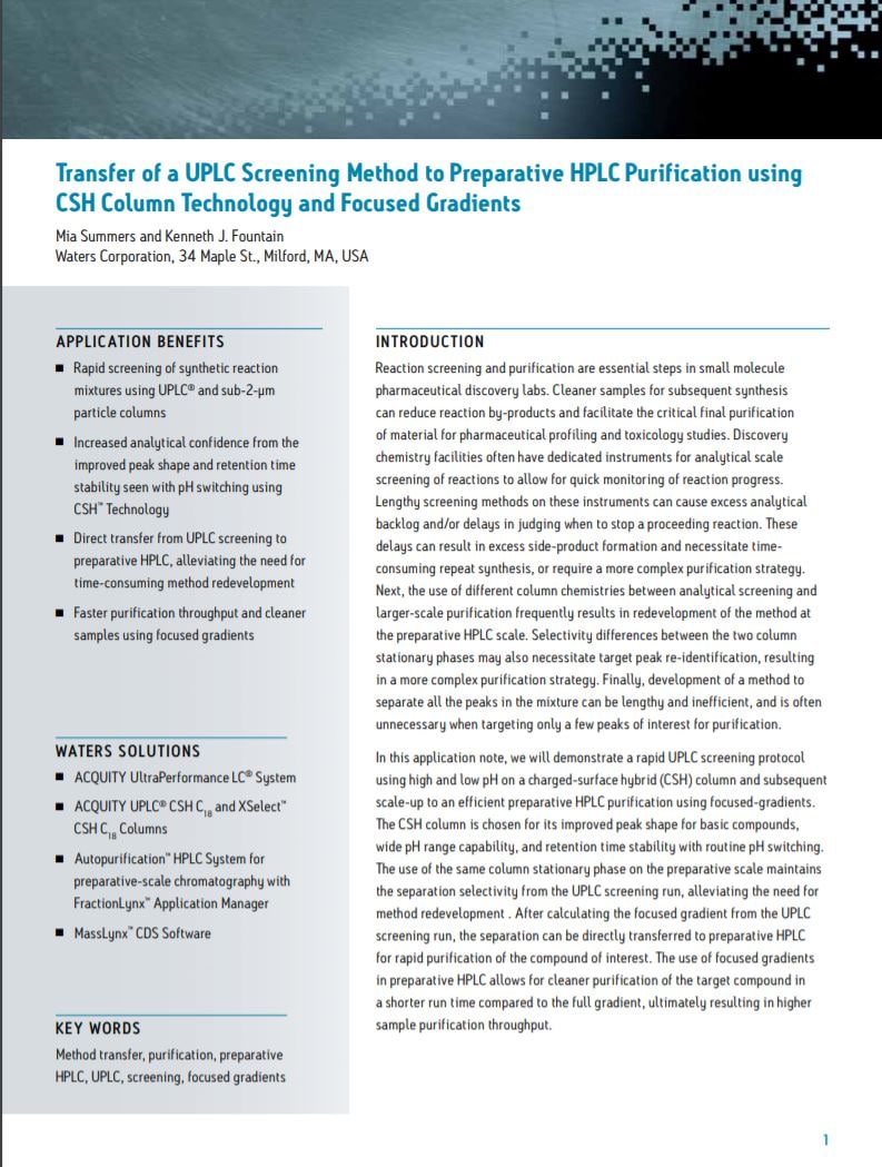 Transfer of UPLC Screening Method to Preparative HPLC