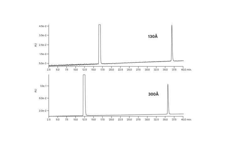 Figure 9: Effect of pore size on the chromatography of the large peptide