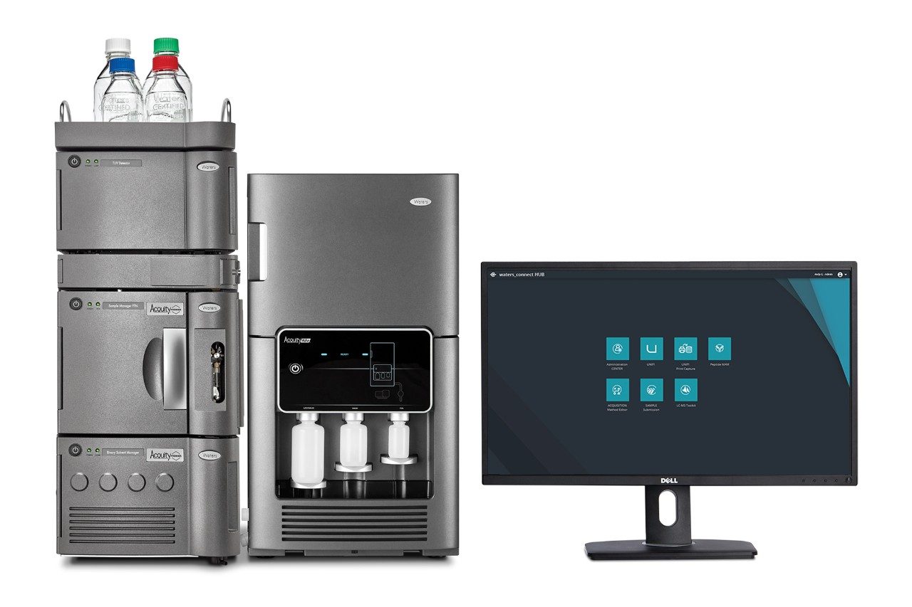 BioAccord LC-MS System with ACQUITY Premier BSM SM CH-A TUV with bottles on top and a monitor to the right