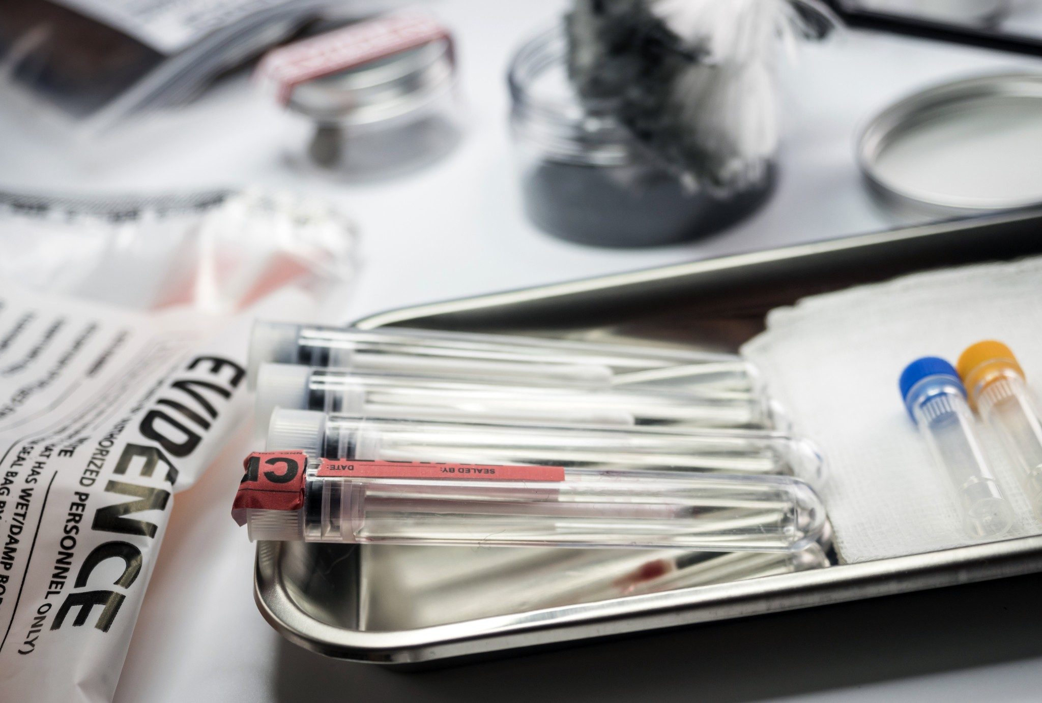 Detail of DNA sampling tubes in Laboratory, forensic equipment