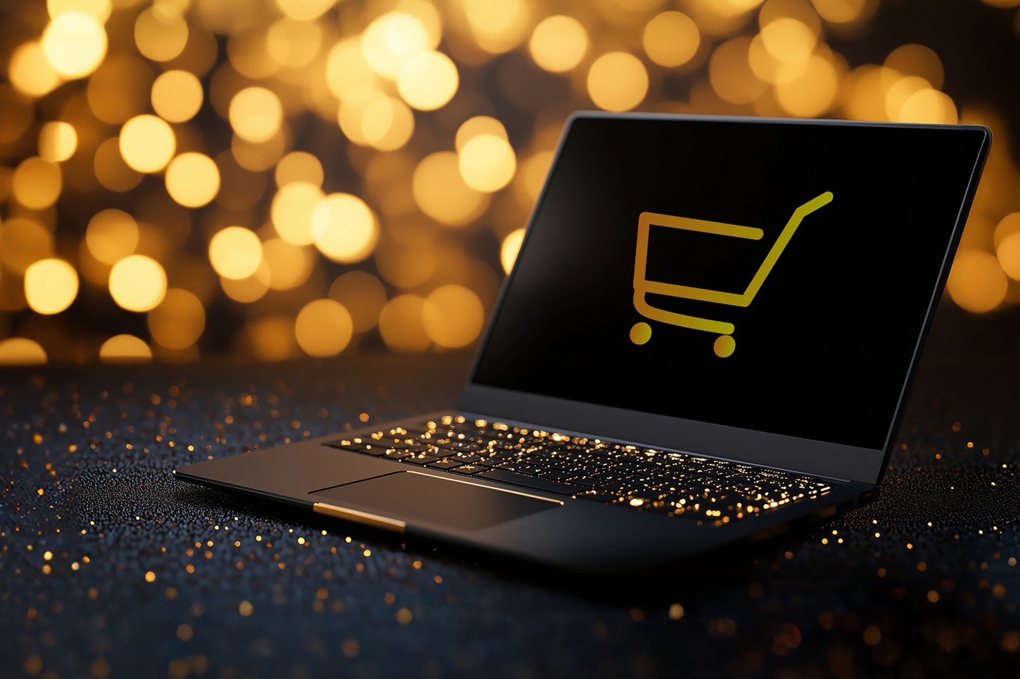 Laptop with shopping cart icon on gold glitter background