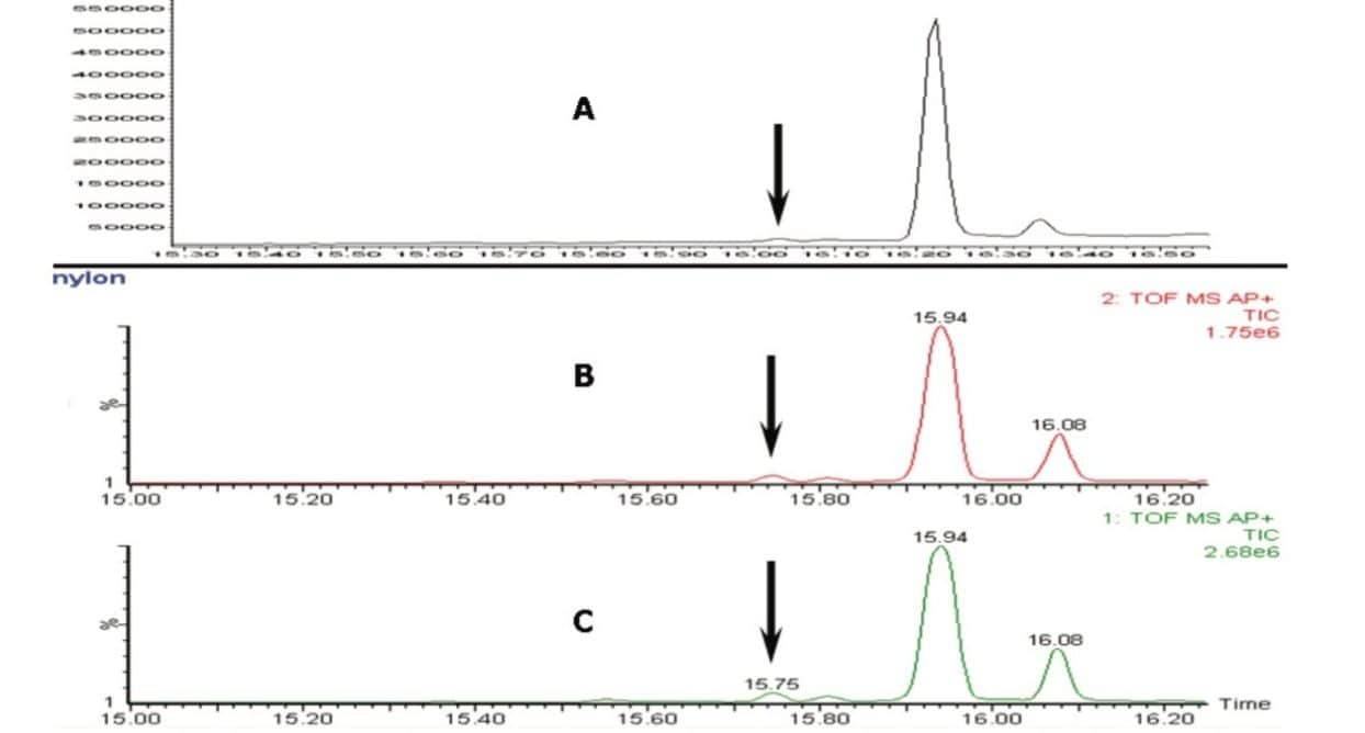 A = EI TIC, B = high energy/fragmentation APGC TIC, C = low energy/molecular ion APGC TIC. 