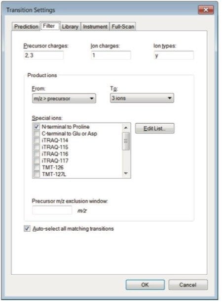 Settings for transition prediction in Skyline.