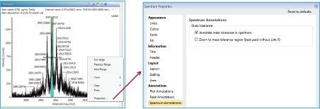 Viewing mass tolerance window in the Review panel.