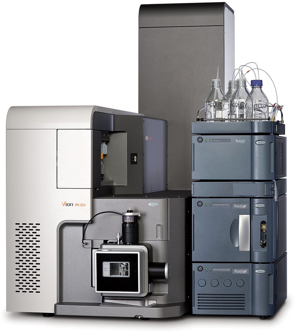 The ACQUITY UPLC H-Class Bio System (right) coupled to a bench top Vion IMS QTof Mass Spectrometer (left) controlled by a compliance-ready and workflow-driven software, UNIFI Scientific Information System, presents a single platform for robust native SEC-MS characterization of biotherapeutics (such as ADCs) with streamlined data acquisition, data processing, and reporting workflow.