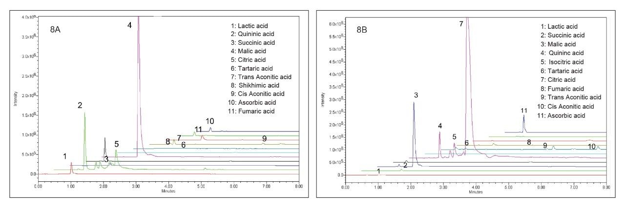 Organic acids detected in apple juice (8A) and orange juice (8B).