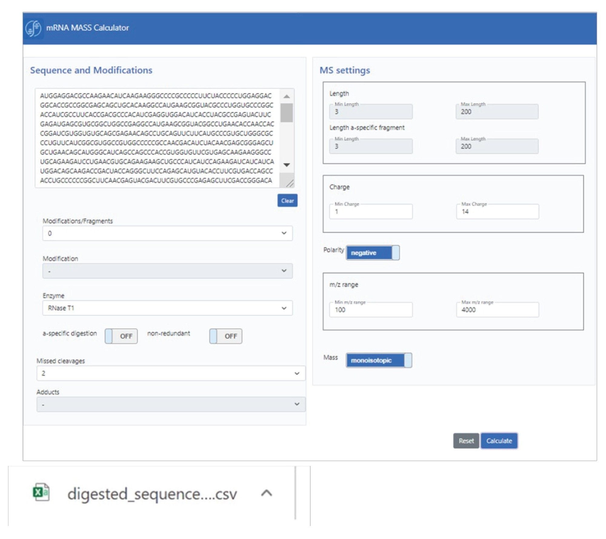 mRNA calculator GUI for in silico mRNA digest mass calculation