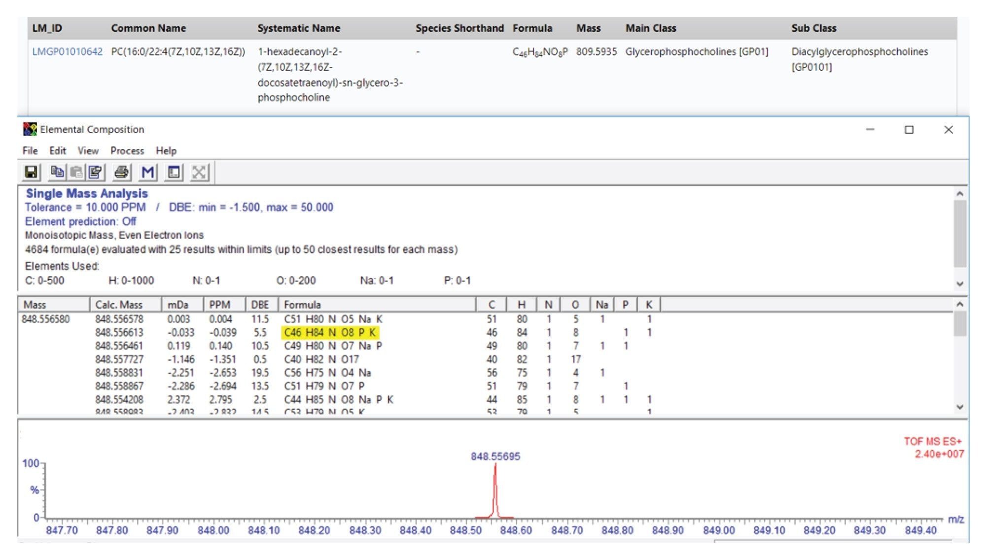 An example elemental composition search within MassLynx software and the corresponding LIPID MAPS3 database match for the proposed composition from the MRT DESI MSI dataset