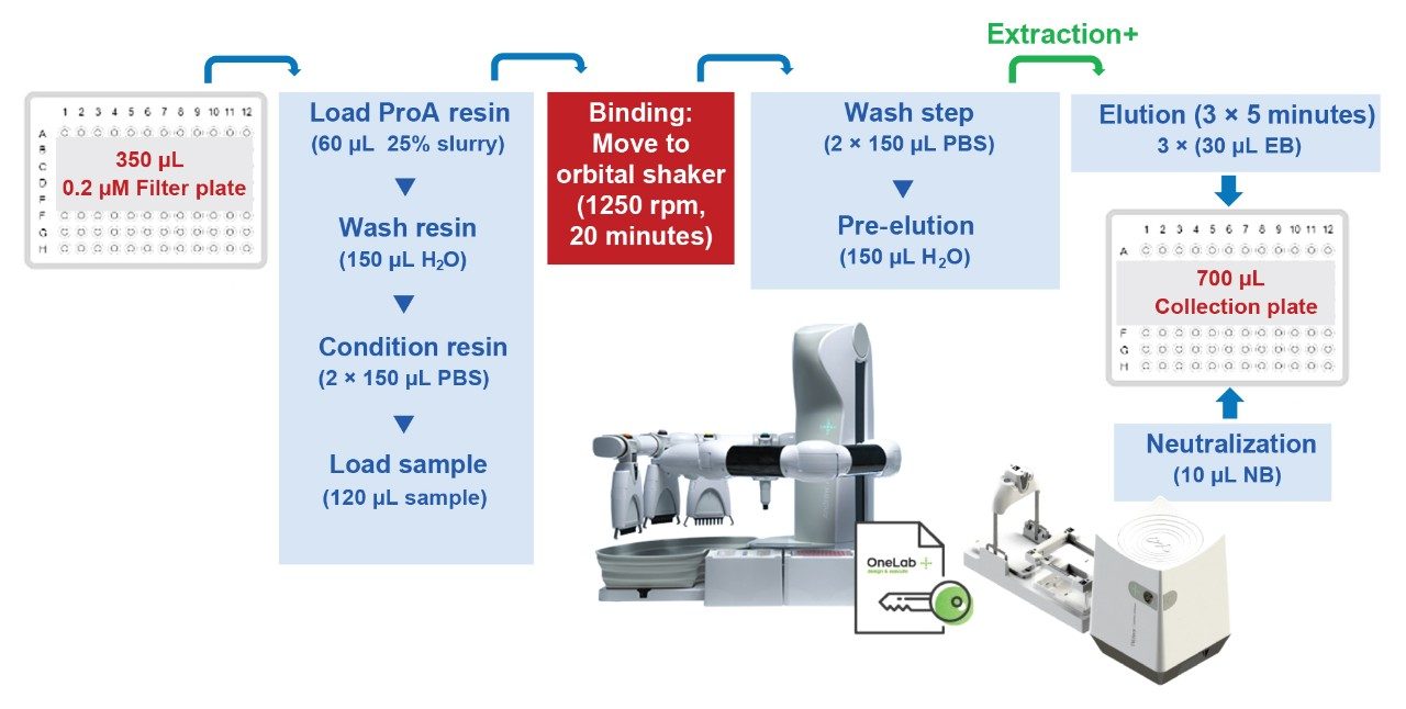 Shown is a diagram of the automated analytical-scale Protein A affinity-based purification of monoclonal antibody from CHO cell conditioned media using the Andrew+ robotic platform with the Extraction+ device and the OneLab visual programming interface. Elution buffer (EB) and neutralization buffer (NB) are defined in the experimental section