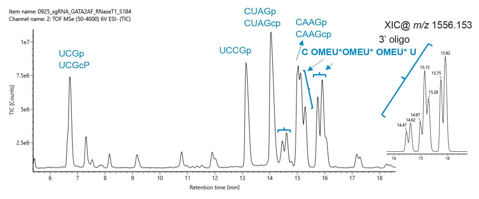 Oligo mapping of an RNase T1 digested sgRNA by IP-RPLC-MS with an ACQUITY PREMIER Oligonucleotide BEH C18 300Å 1.7 µm 2.1 x 100 mm column as hyphenated with UV and QTof HRMS detection