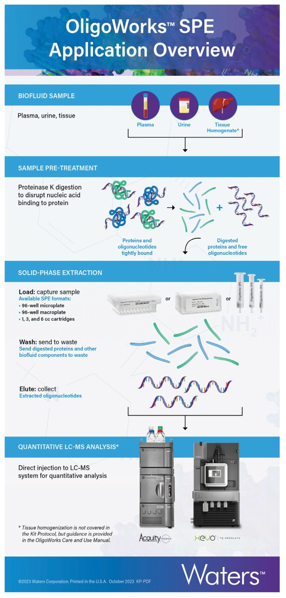 Graphical illustration of oligonucleotide bioanalytical quantification sample preparation, extraction and LC-MS workflow