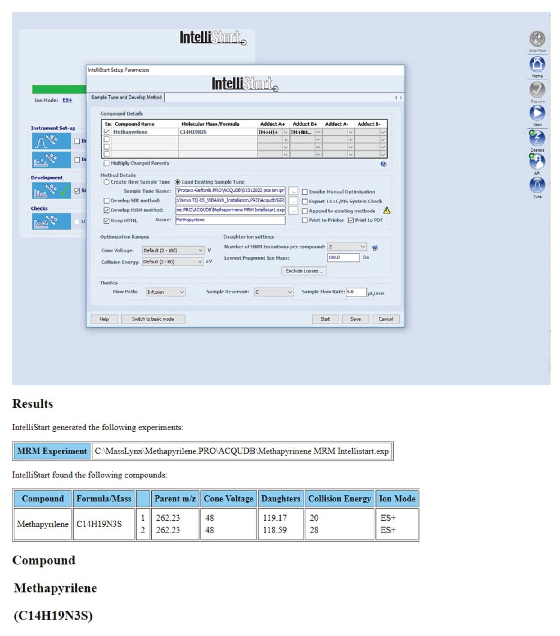 Intellistart MS parameter optimization and optimized results.