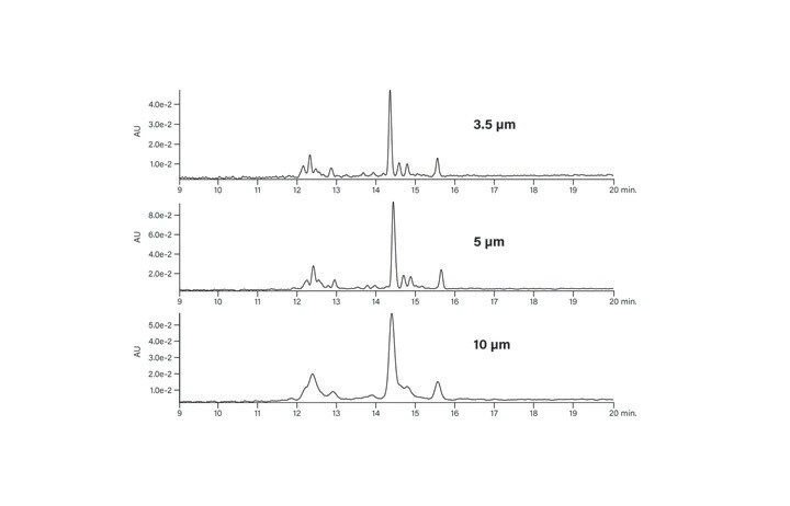Figure 11. Effect of particle size on the chromatography of the basic peptide.