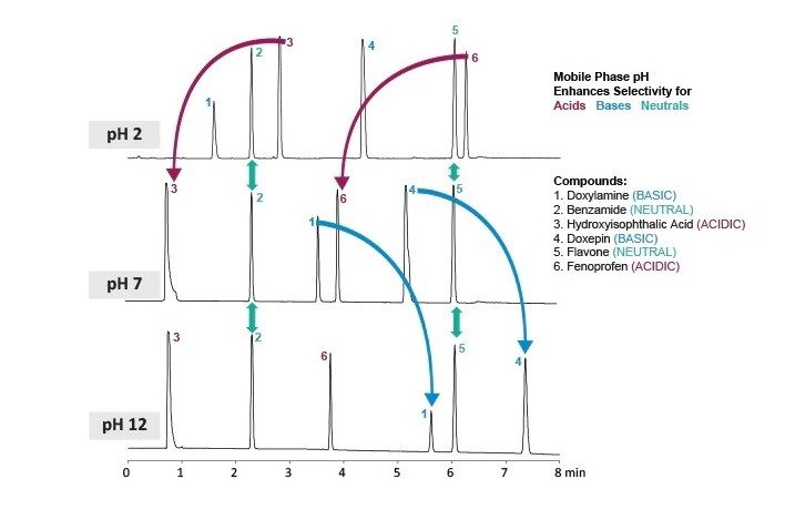 Compound selectivity vs. pH. Elution order dramatically changes based upon the ionization of acidic and basic compounds, while neutral compounds are unaffected.