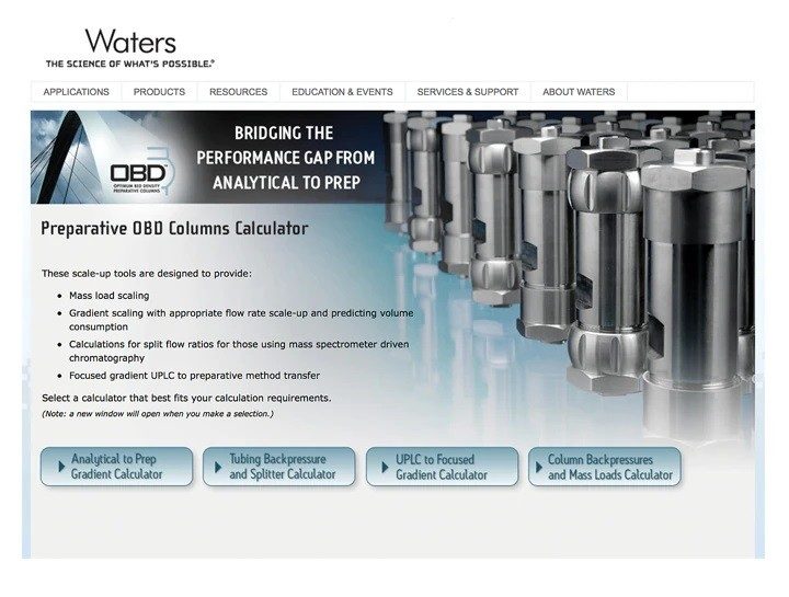 Waters Prep OBD Column Calculator available in the Web Toolbox at www.waters.com/prepcalculator.