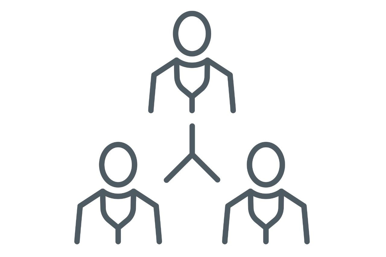 line drawing of three people in corporate organization layout