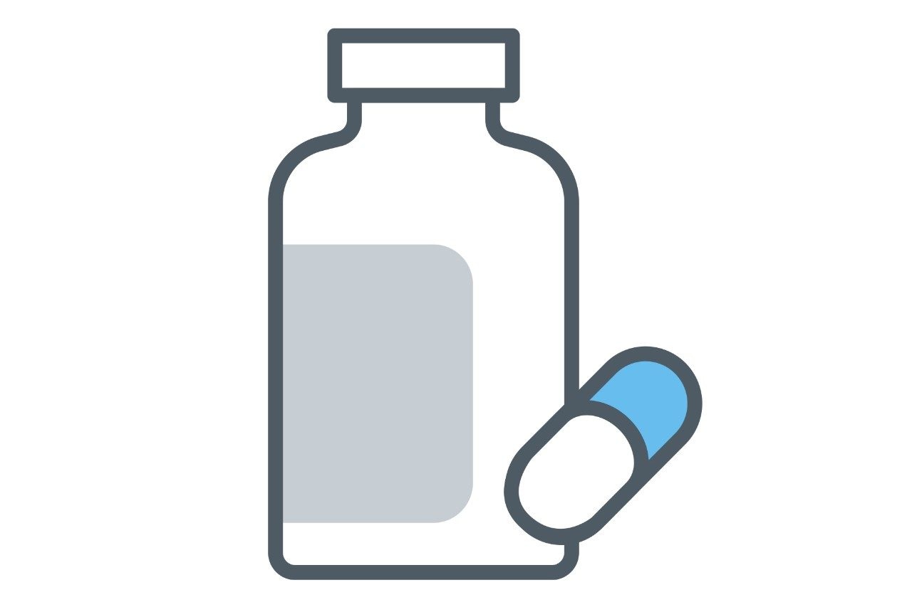 Simple line drawing of a pill bottle with one pill capsule to the side of it