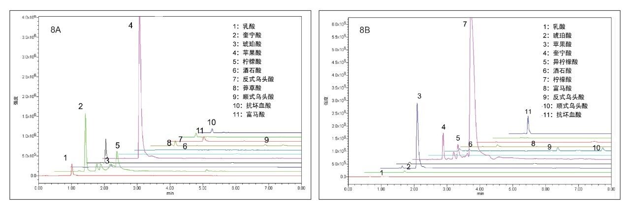 在苹果汁(8A)和橙汁(8B)中检测到的有机酸