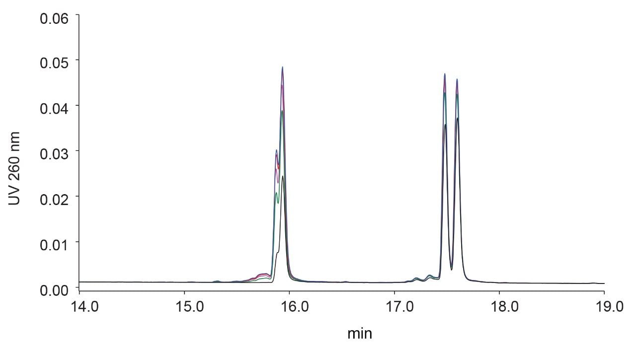 使用ACQUITY UPLC BEH C18, 300Å寡核苷酸分析专用柱连续五次进样3 µL双链体C (0.40 mg/mL)得到的结果。