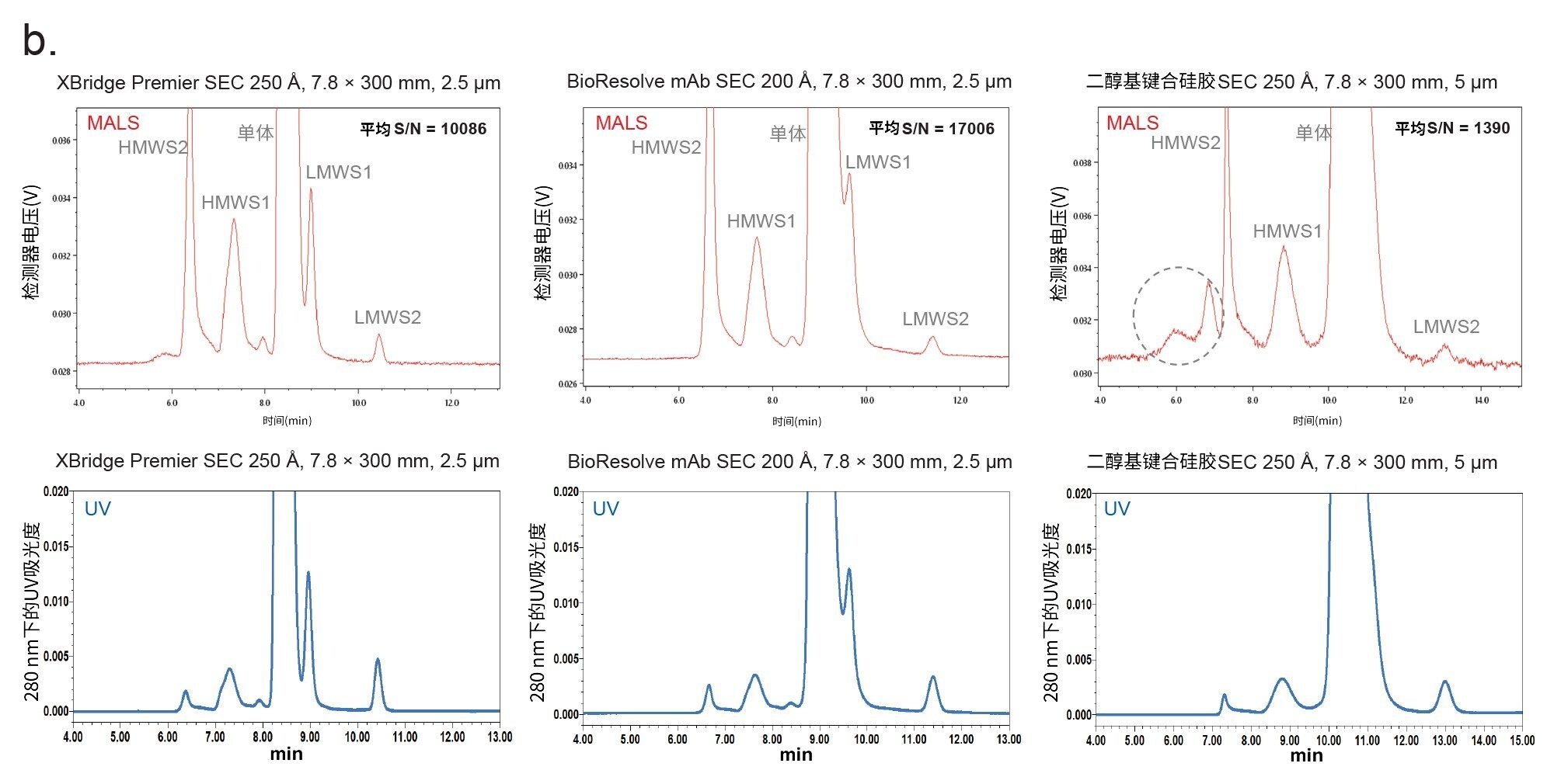 从三根7.8 x 300 mm, 2.5或5 µm色谱柱获得的色谱图。HMWS：高分子量物质；LMWS：低分子量物质。